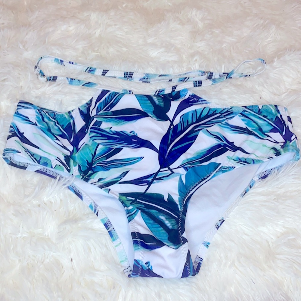 Tropical Print Blue Green White High Waisted Bikini Bottoms Size Medium